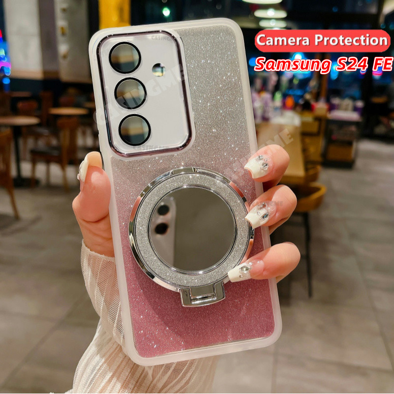 Samsung S24 FE 2024 Gương Giá Đỡ Từ Tính Vỏ Lấp Lánh Cho Samsung Galaxy S24FE S 24 FE S24 Plus Ultra 4G 5G Bao Camera Vỏ Điện Thoại Chống Ốp Lưng Mềm Bảo Vệ Ống Kính