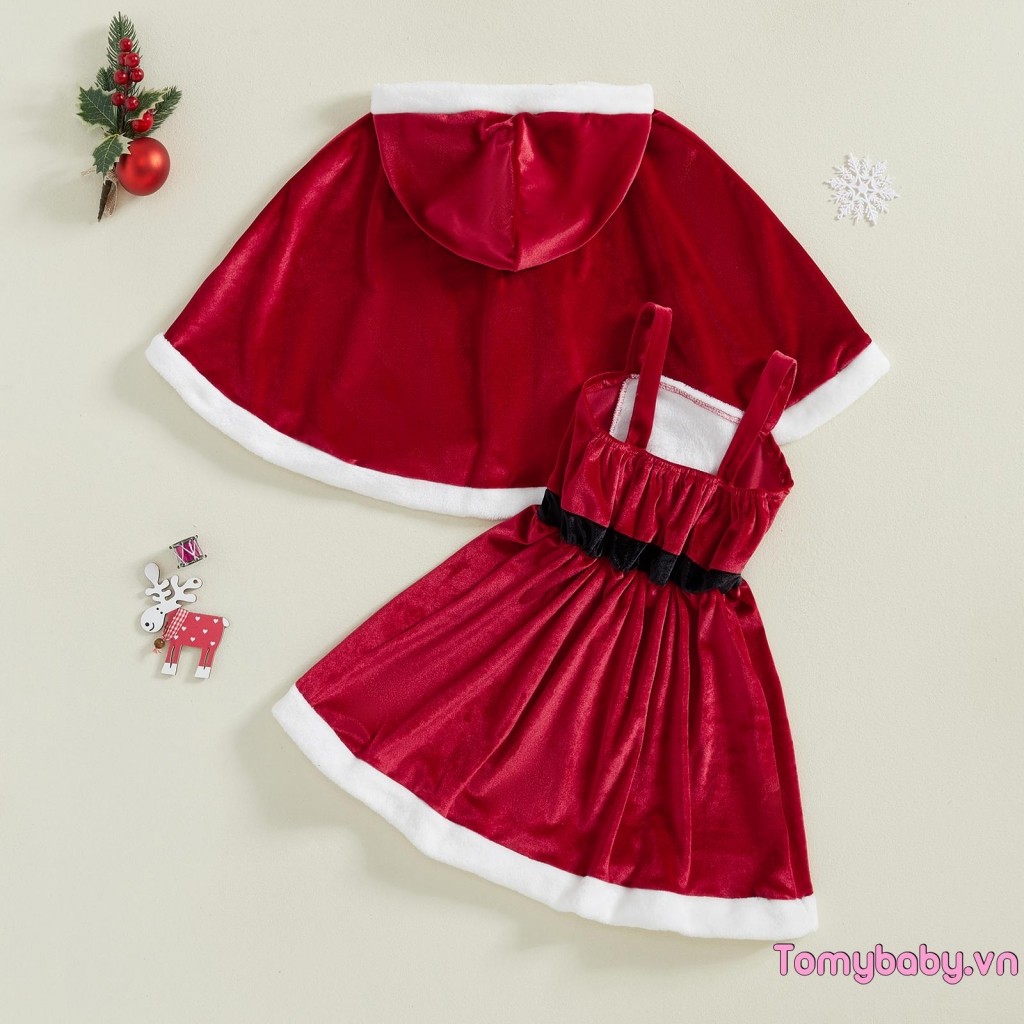 Bộ Giáng Sinh Bé Gái Santa Terry Viền Không Tay Chữ A Cami Dress + Trang Phục Áo Khoác Có Mũ Trùm Đầu