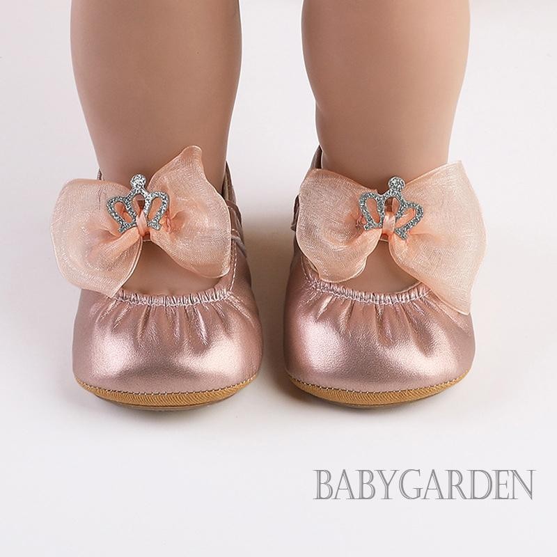 / / -Baby Girls Mary Jane Flats Giày chống trượt nơ vương miện sáng bóng
