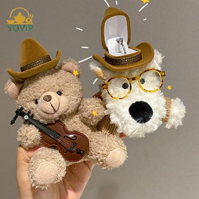 YOVIP Đàn Violin Dễ Thương Gấu Nâu Tây Nguyên Chó Sang Trọng Búp Bê Nhẫn Hộp Trưng Bày Trang Sức Tổ Chức Quà Tặng VN