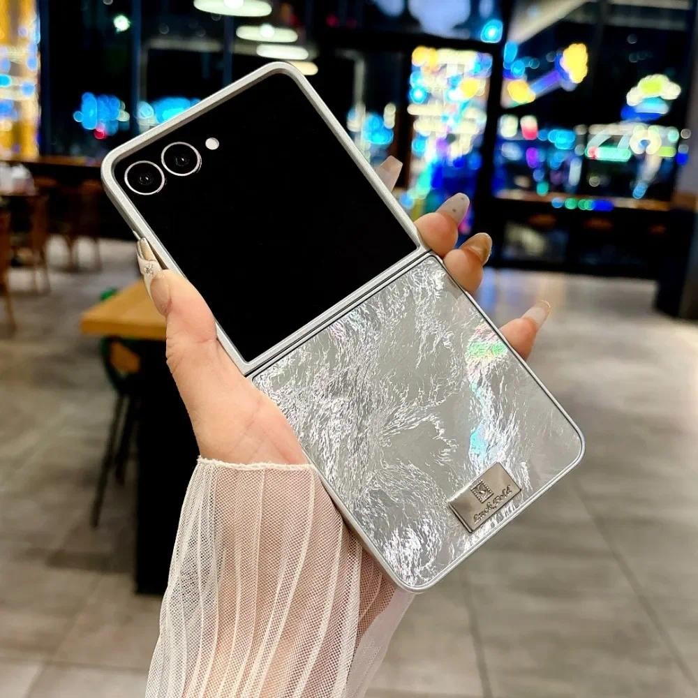 Sang Trọng Bạc Cạnh Lông Vũ Sợi Ốp Lưng Điện Thoại Samsung Galaxy Z Flip 7 6 5 4 3 Flip7 Flip6 Flip5 Flip4 Flip3 Cover