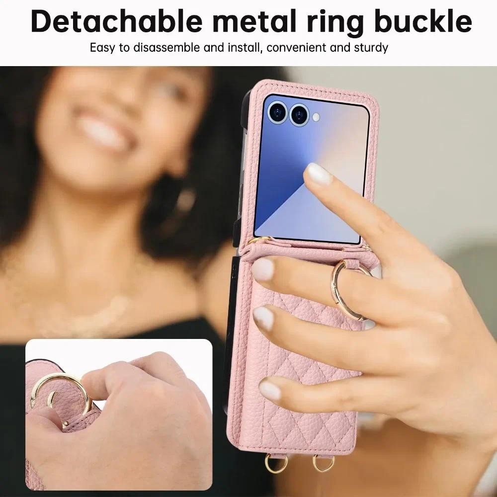 Ví Đeo Ngang Nhẫn Vỏ Điện Thoại Coque Cho Samsung Galaxy Z Flip 7 6 5 4 3 Flip7 Flip6 Flip5 Khe Cắm Thẻ Da Kinh Doanh