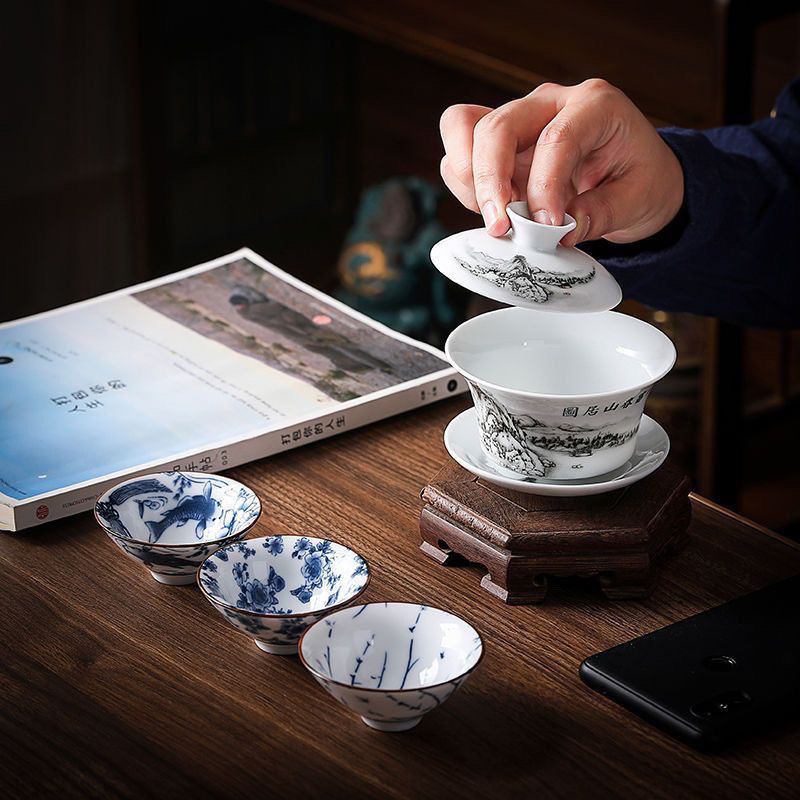 Bộ Trà Gốm Kung Fu Xanh Trắng Sancai Gaiwan Trung Quốc Retro Teacup