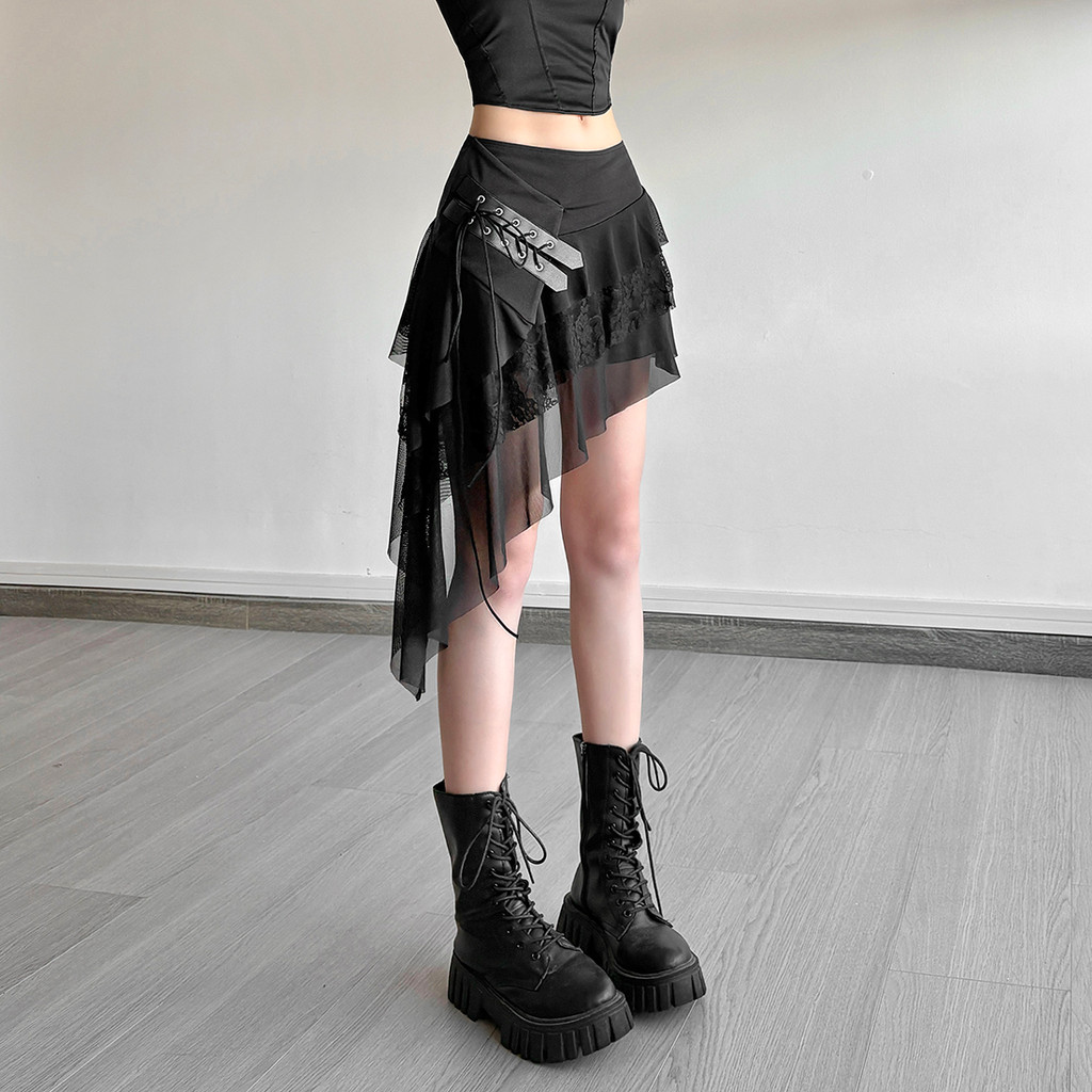 Cutenew Váy Thời Trang Không Đều Cao Cấp Lưới Chắp Vá Xếp Chồng Dây Rút Nữ Mùa Hè Gợi Cảm Hot Chick Phong Cách Đường Phố