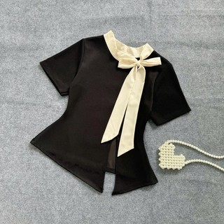 Áo Thun Bigsize Nữ Cổ Tròn Phối Nơ Nữ Tính Vạt Xẻ Ngắn Tôn Dáng Tiểu Thư Cho Chubby A251