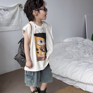 Mùa Hè Phong Cách Mới Bé Trai Đẹp Trai Hoạt Hình Không Tay Áo Thun Trẻ Em Thời Trang In Chữ Áo Vest Bé Top