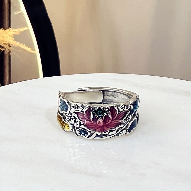 Nhẫn mở phong cách dân tộc bằng bạc sterling xanh men vintage thanh lịch
