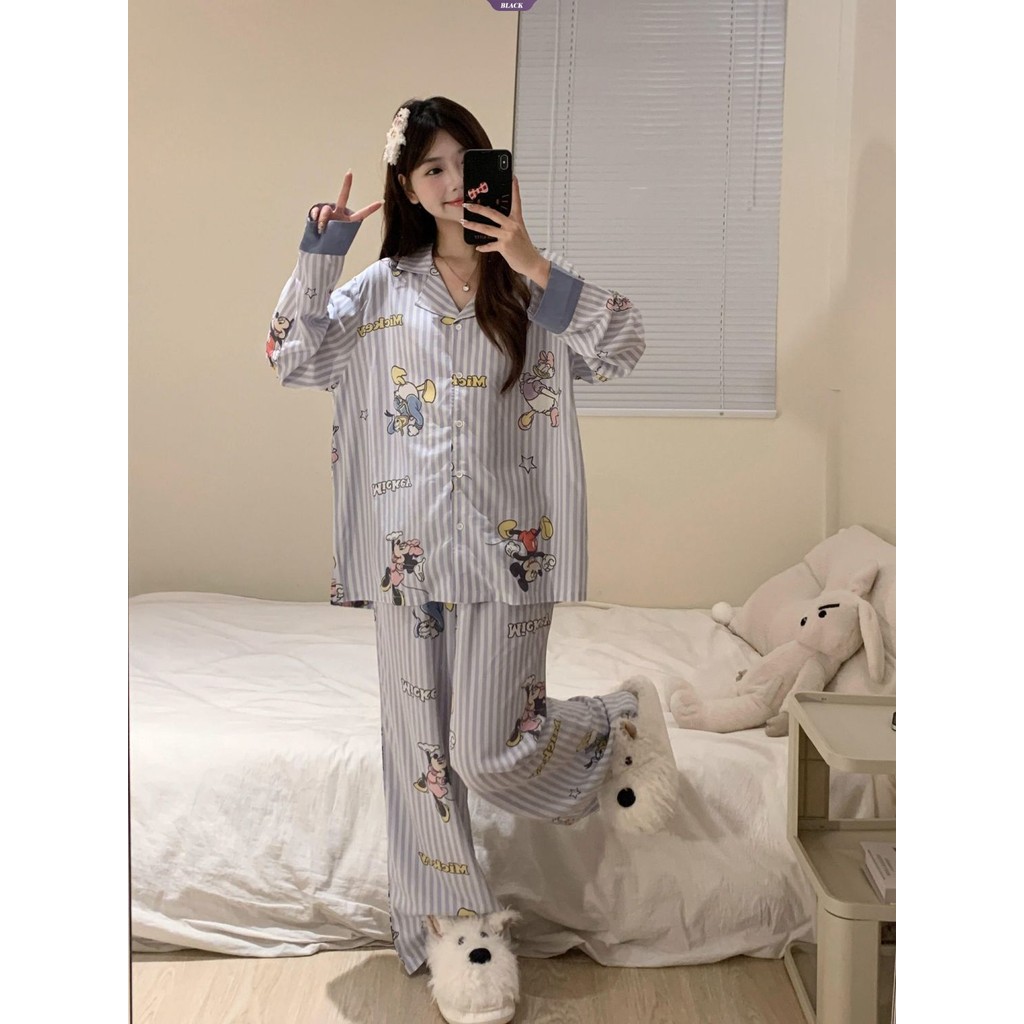 Bộ đồ ngủ vịt Mickey và Donald sọc xanh, quần dài tay, phù hợp xuân thu, bộ đồ gia đình