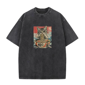 Kawaii Mèo Ramen Anime Áo Phù Hợp Nam Nữ Plus Size, 100% Cotton, Tay Ngắn Mùa Hè