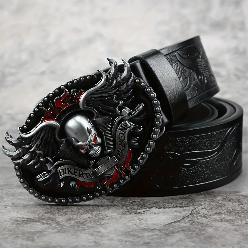 Thắt lưng punk retro da PU, thiết kế đầu lâu gothic hiện đại, phù hợp unisex
