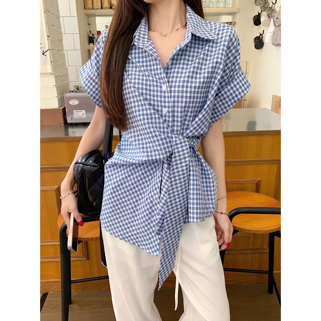 Áo sơ mi cổ ngắn tay cổ điển kiểu Pháp mới dành cho nữ 250813