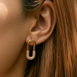 Bông tai hình chữ U mạ vàng đính đá Cubic Zirconia, trang sức tối giản hiện đại cho nữ đeo hàng ngày
