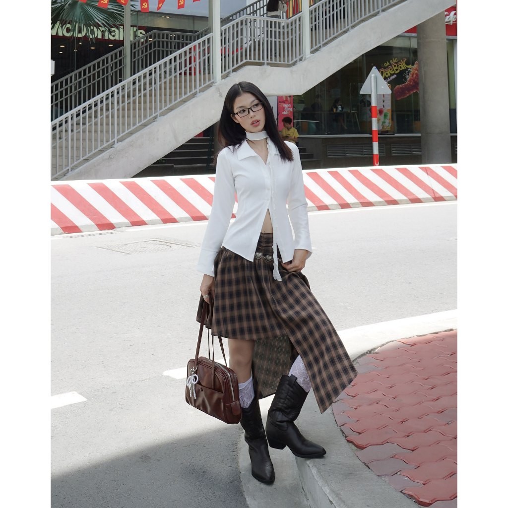 [KH35] Chân váy caro tà dài chân váy dáng dài lệch tà hack dáng che khuyết điểm chân | KHAO Boutique