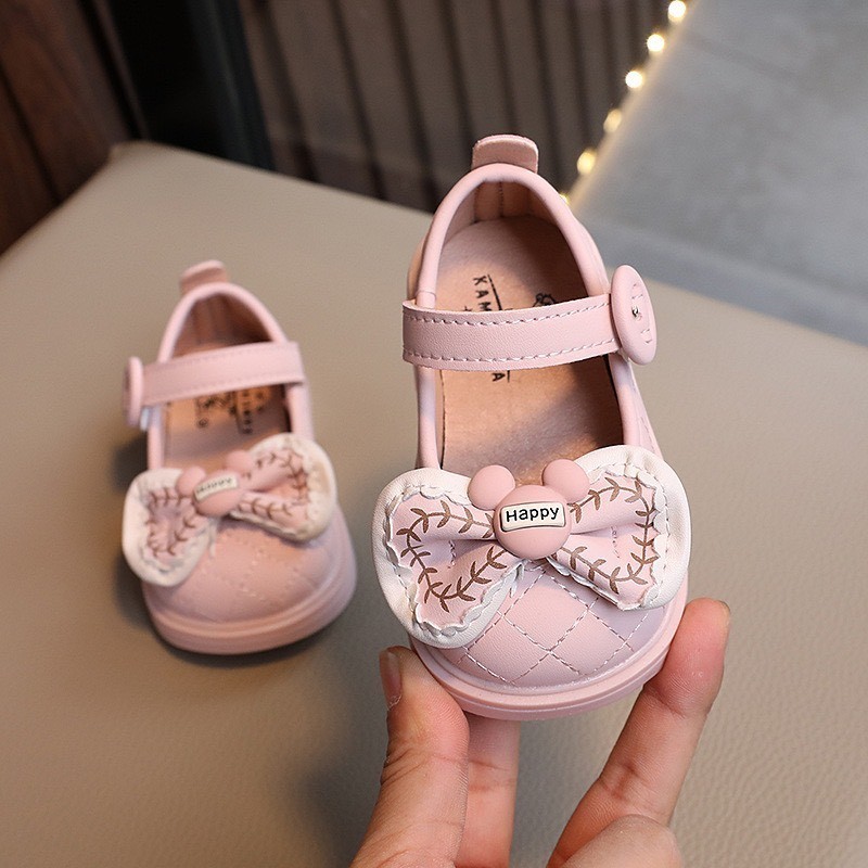 giày búp bê bé gái giày bệt cho bé tập đi chống trượt 6m nơ  gấu xinh xắn da PU mềm êm chân  2413 ( có video ảnh thật )