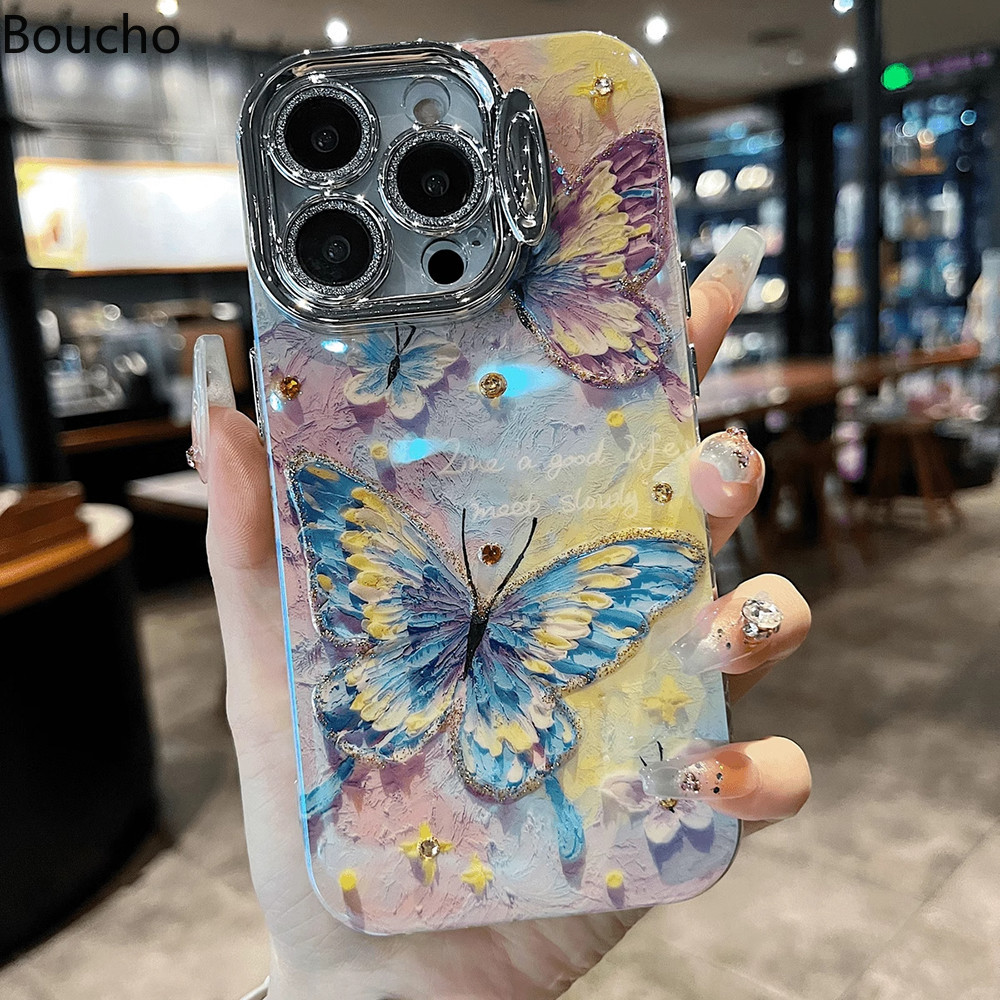 Dành Cho iPhone 13 Pro Tranh Sơn Dầu Hoa Bướm Thỏ Họa Tiết Ốp Lưng Điện Thoại iPhone 11 12 13 14 15 Pro Max 15 plus Ống Kính Bảo Vệ Phim Với Giá Đỡ Cụ Thể Chức Năng Bao