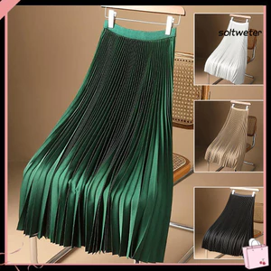 Váy Midi cổ điển nữ eo cao xếp li, dây thắt lưng co giãn, dáng chữ A, màu trơn, dài Satin mượt mà