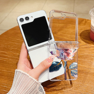 Ốp điện thoại Trong Suốt Họa Tiết Hoa Hồng Hồng Cho Samsung Galaxy Z Flip 6 Flip 5 Flip 4 Flip 3 Full Bản Lề Trong Suốt Cứng PC Gấp Ốp điện thoại Samsung Z Flip6 Flip5 Flip4 Flip3
