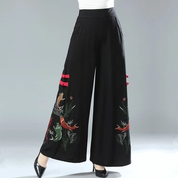 ✨ (Đang bán nóng)Mùa Xuân Vải Lanh Cotton Thêu Quần Ống Rộng Nữ Phong Cách Dân Tộc Quần Ống Rộng Retro Thêu Quần Rời Culottes Nữ Cotton Nguyên Chất PI02
