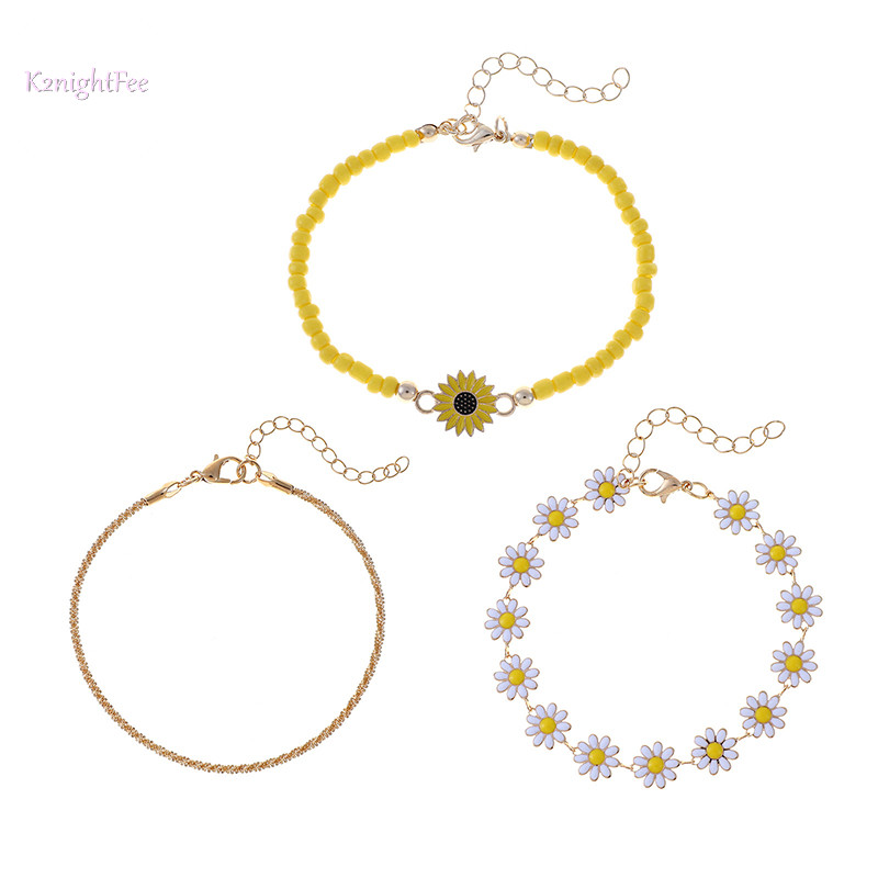 K2nightfee 3 Chiếc Dễ Thương Hoa Cúc Mặt Dây Chuyền Vòng Chân Bộ Dành Cho Nữ Bohemian Đính Hạt Hướng Dương Xếp Chồng Dây Tay Phụ Kiện Trang Sức VN