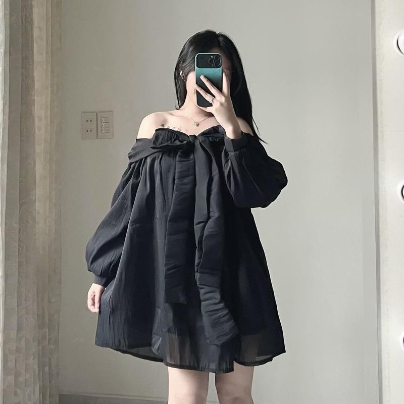 Đầm ngắn nữ kiểu babydoll trễ vai tay bồng xòe thắt nơ 2 lớp cao cấp chất voan tơ- D03 Voi Women Dress Kem