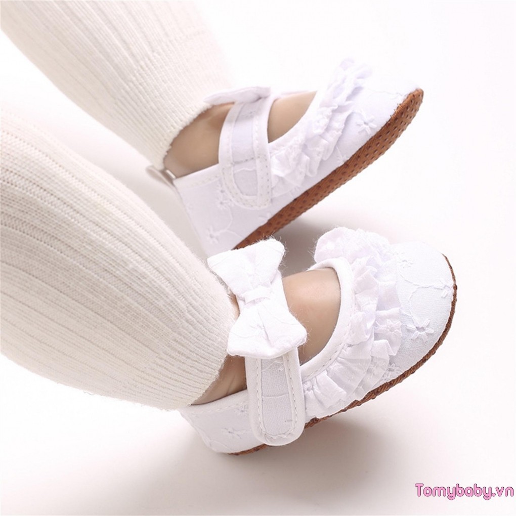 Trẻ Sơ Sinh Bé Gái Đế Bằng Ren Dễ Thương Nơ Đế Mềm Prewalker Chống Trơn Trượt Đầu Tiên Giày Tập Đi