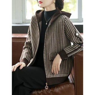Hàn Quốc Houndstooth Áo Khoác Nữ Thu Đông Phong Cách Mới Mẹ Thời Trang Thường Ngày Có Mũ Trùm Đầu Giảm Tuổi Top Xuân Thu Có Mũ Trùm Đầu