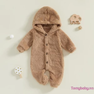 Bộ áo liền quần lông cừu cho bé dài tay có mũ trùm đầu dài cho bé trai bé gái