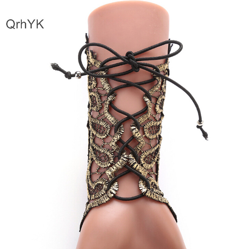 Găng tay ren Gothic Steampunk không ngón, vòng tay vàng đen, ấm cánh tay