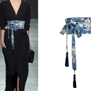 Thắt lưng thiết kế dân tộc phong cách Trung-Hoa và Nhật Bản, chất liệu cotton vải lanh, họa tiết sóng xanh