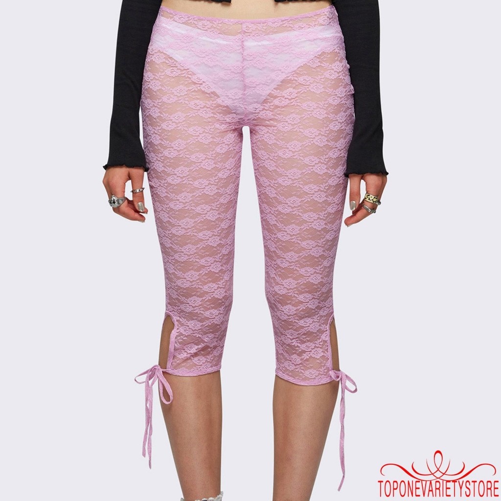 Topone-nữ Ren Capri Quần Thường Ngày Băng Cutout Quần thun xuyên thấu