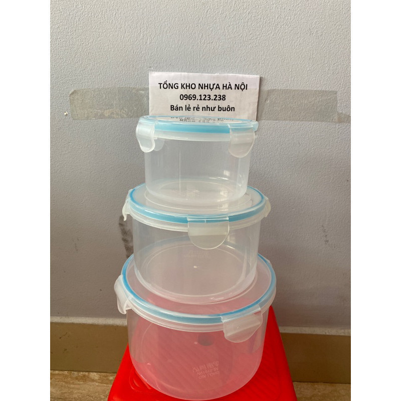 Hộp đựng thực phẩm dáng tròn nắp cài chắc chắn - Hộp đựng thức ăn để tủ lạnh combo 3 size GLCC