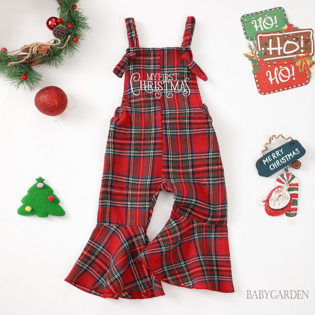 / / -6Month-4years Trẻ Em Bé Gái Áo Liền Quần Giáng Sinh Không Tay Thêu Chữ Kẻ Sọc Suspender Quần loe