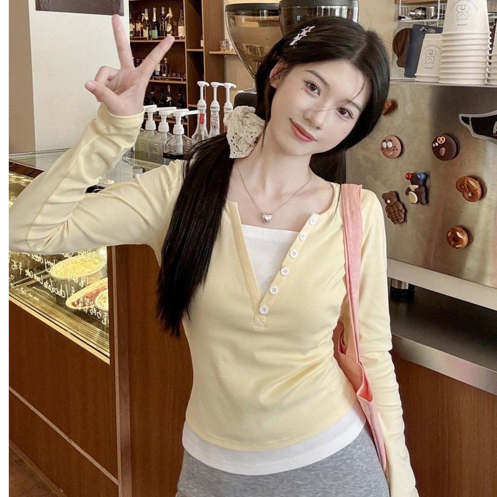 Suxi Dễ Thương Màu Ngọt Ngào Mới Đơn Giản Áo Thun Dài Tay Nữ Slim Fit Áo 240919