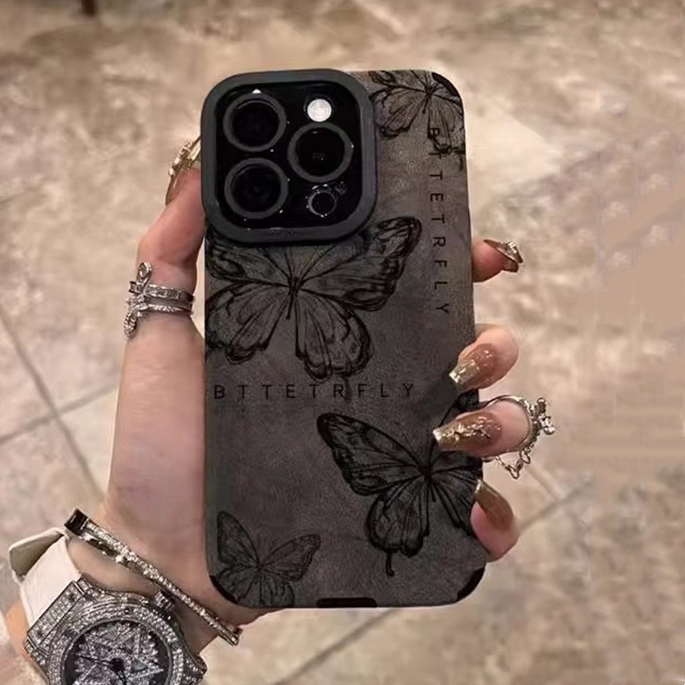 Ốp Điện Thoại Da Bướm Đen Cho iPhone 17 Pro Max 17 Air 16Plus 15 14 13 12 11 Bảo Vệ Toàn Diện Vỏ Bảo Vệ Chống Sốc