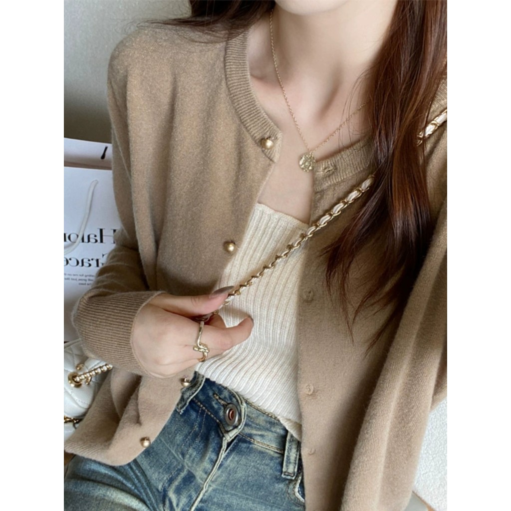 SUXI Casual Đơn Giản Màu Trơn Slim Fit Pháp Retro Mới Dài Tay Dệt Kim Cardigan Áo Len Nữ 241006