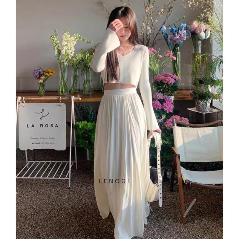 Chân váy maxi thiết kế,chữ A 2 lớp dáng xòe xếp ly có chun sau thanh lịch LENOGI V01