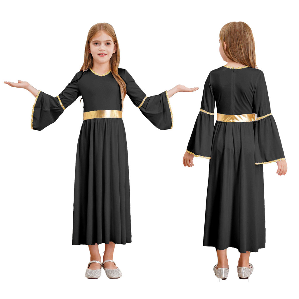Nmy - 6-16 Bé Gái Thiên Thần Cosplay Trang Phục Thiên Thần Đầm Dài Tay Vàng Viền Chắp Vá Áo Cho Tiệc Cosplay Hiệu Suất Sagge