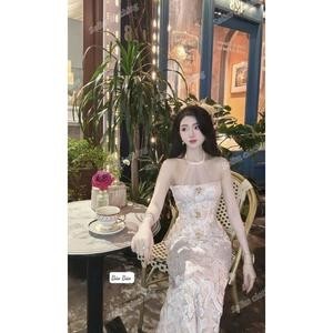 Váy body cổ yếm tơ phối ren ôm sát cơ thể siêu tôn dáng đính charm trước ngực chân dáng suông xinh - Baotrang.clothes