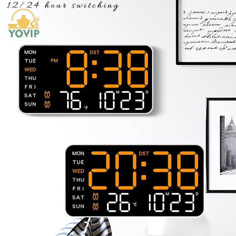 YOVIP Đồng hồ treo tường kỹ thuật số lớn Ngày tuần Hiển thị nhiệt độ Bàn điều khiển bằng giọng nói Đồng hồ báo thức LED Độ sáng Có thể điều chỉnh Đồng hồ 12 / 24H VN
