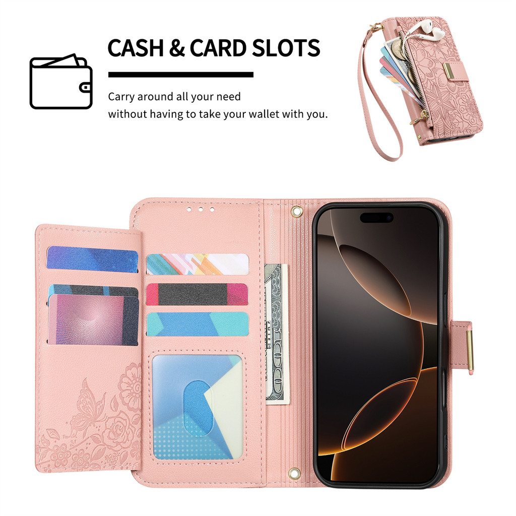 Dây Kéo Đeo Ngang Da Lật Ví Khe Cắm Thẻ Ốp Lưng Điện Thoại Cho IPhone 16E 16 Plus 15 14 13 12 17 Pro Max Dây Đeo Cổ Tay Funda Bao