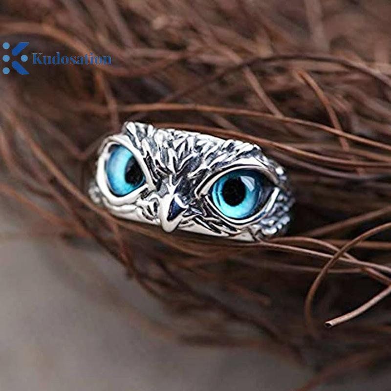 Kudosation Vintage Động Vật Mở Có Thể Điều Chỉnh Đôi Mắt Xanh Cú Nhẫn Nam Nữ Trang Sức Dự Tiệc Quà Tặng