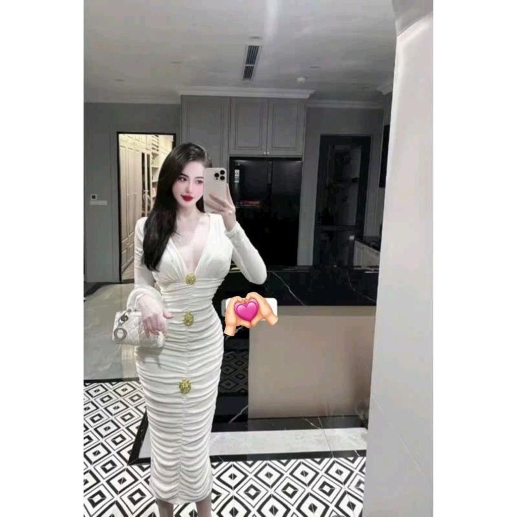 Đầm body dài tay cổ V đính 3 tab, thiết kế sang trọng cho tiệc và đi chơi - Chất liệu thun ladong