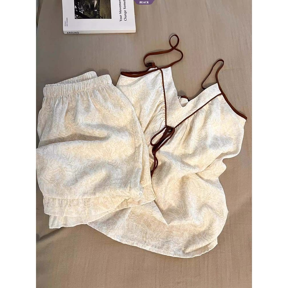 Bộ đồ ngủ yếm họa tiết cổ điển và quầnshort mùa hè cao cấp, phong cách INS