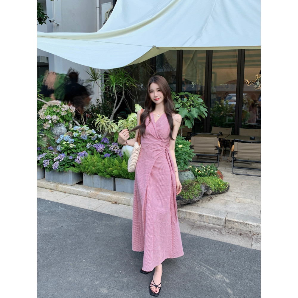SUXI Mẫu váy dài kẻ sọc phong cách retro Pháp cổ chữ V dành cho mùa hè