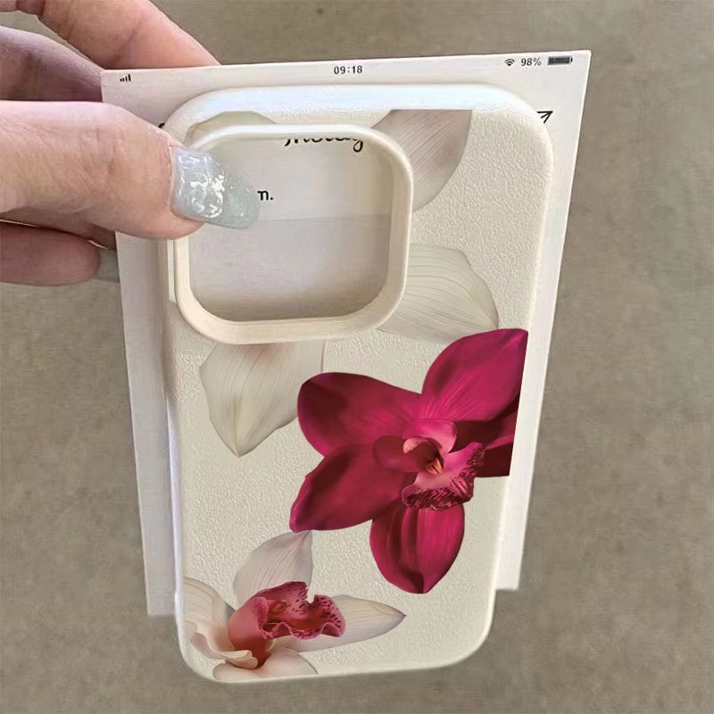 Vỏ Tương Thích Cho iPhone 16 11 12 13 14 15 17 Pro Max Cho iPhone 16e XR X XS Max 14 15 Plus Thiết Kế Hoa Lan Màu Đỏ Thanh Lịch Silicon Chống Rơi Vỏ Bảo Vệ