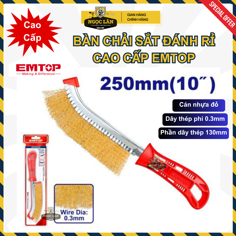 [Chính hãng] Bàn chải thép EMTOP đánh rỉ, chà sắt cán nhựa đỏ 10"- 250mm cao cấp