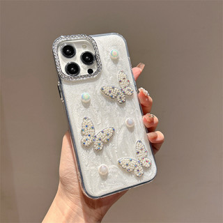 Sang Trọng 3D Ngọc Trai Kim Cương Bướm Wrsit Dây Xích Màu Trắng Epoxy Ốp Lưng Điện Thoại iPhone 16Promax 12 13 14 15 Promax 11 16Plus Chống Sốc Nữ Điện Thoại Di Động
