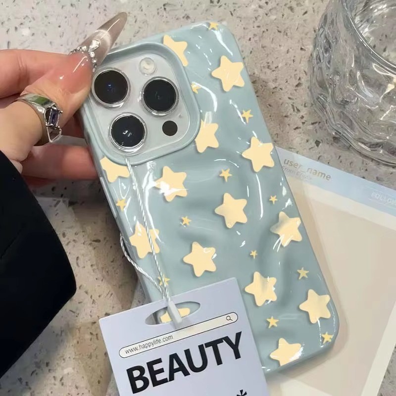 Ốp Điện Thoại Ngôi Sao Vàng Nhăn Ins Hàn Quốc Cho iPhone 16 15 14 13 12 11 Pro Max 16 Plus 17AIR Gấp Họa Tiết Silicon Mềm