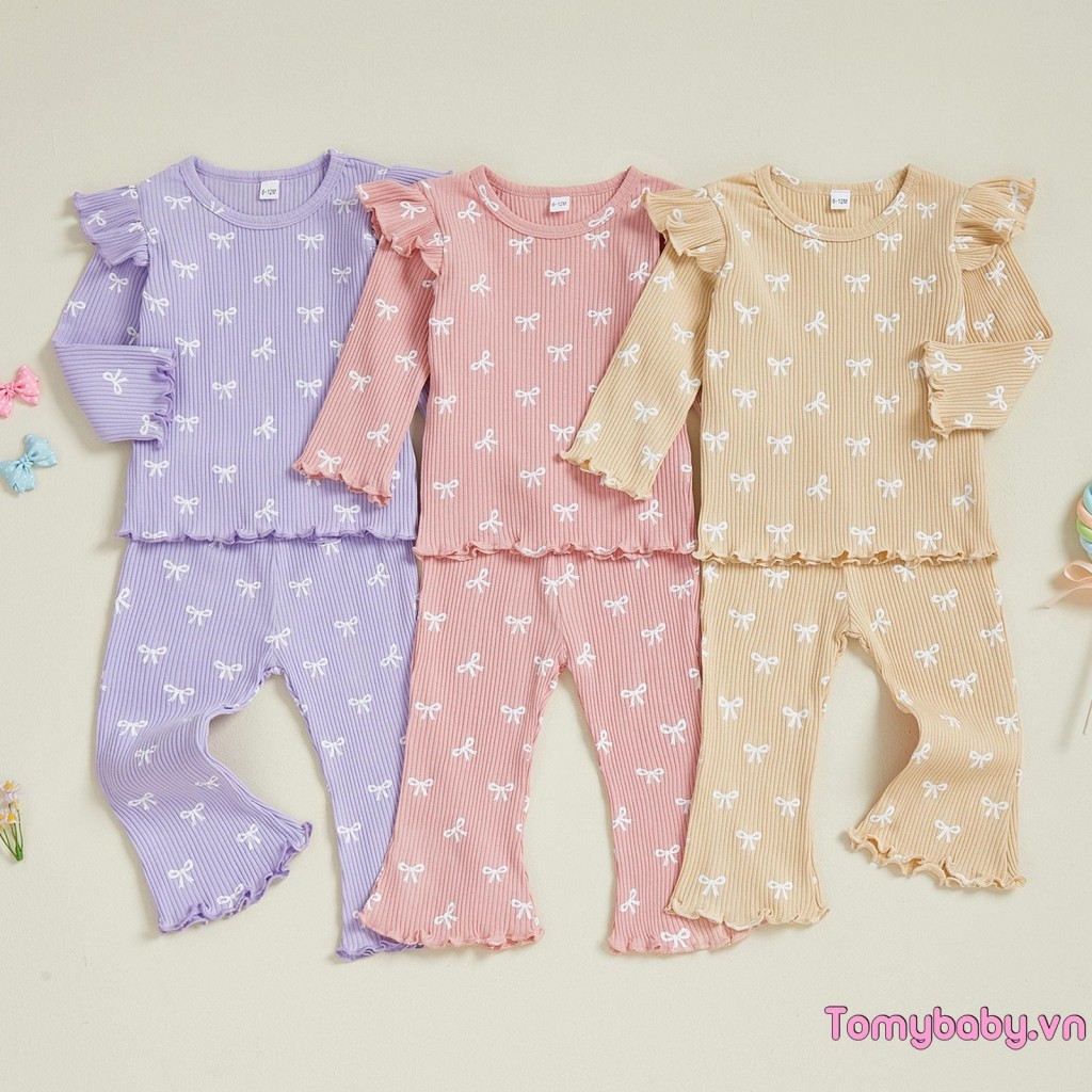 Bộ trang phục mùa thu cho bé gái tập đi Áo thun cổ tròn dài tay in nơ + Bộ quần loe lưng co giãn