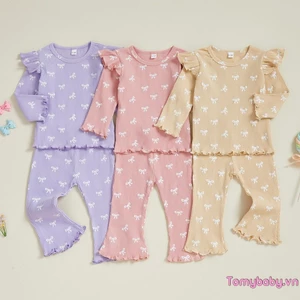 Bộ trang phục mùa thu cho bé gái tập đi Áo thun cổ tròn dài tay in nơ + Bộ quần loe lưng co giãn